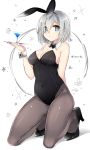  1girl :&lt; animal_ears bare_shoulders black_bow black_bowtie black_shoes blue_eyes bow bowtie breasts bunny_girl bunnysuit cleavage closed_mouth collarbone covered_navel cup detached_collar drink drinking_glass expressionless fake_animal_ears full_body grey_legwear hair_over_one_eye hairband hamakaze_(kantai_collection) high_heels holding_tray kantai_collection kneeling large_breasts liquid looking_at_viewer pantyhose rabbit_ears shijima_(sjmr02) shoes short_hair silver_hair simple_background solo tray tsurime white_background wrist_cuffs 