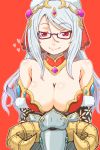  1girl bare_shoulders breasts cleavage detached_collar elbow_gloves fur_trim glasses gloves heart long_hair looking_at_viewer purple-framed_glasses puzzle_&amp;_dragons red_background red_eyes robot semi-rimless_glasses sheep shibumi silver_hair simple_background smile solo under-rim_glasses urd_(p&amp;d) 