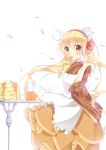  1girl absurdres apron blonde_hair brown_eyes brown_shirt butter cowboy_shot dress eating food_themed_hair_ornament fork hair_ornament hairband highres long_hair looking_at_viewer morinaga_(brand) orange_dress original pancake personification petals shirt solo stack_of_pancakes strawberry_hair_ornament sui-95 syrup table whipped_cream white_background 