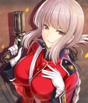  1girl bangs benitsuki_tsubasa between_breasts black_ribbon blunt_bangs braid breasts buttons eyebrows eyebrows_visible_through_hair fate/grand_order fate_(series) florence_nightingale_(fate/grand_order) gloves gun hair_ribbon hand_on_own_chest holding holding_gun holding_weapon large_breasts long_hair looking_at_viewer military military_uniform parted_lips pepperbox_pistol red_eyes ribbon silver_hair single_braid smile solo strap_cleavage teeth uniform upper_body weapon white_gloves 