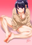  1girl barefoot black_hair blush breasts cleavage clothes_tug huge_breasts k.ty_(amejin) long_hair looking_at_viewer naked_sweater original sitting sleeves_past_wrists smile solo spread_legs sweater sweater_tug violet_eyes 