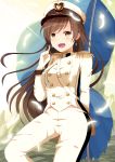  1girl absurdres bima_rahmaa breasts brown_eyes brown_hair feathers flag hat highres idolmaster idolmaster_cinderella_girls idolmaster_cinderella_girls_starlight_stage long_hair military military_hat military_uniform naval_uniform nitta_minami open_mouth solo torn_clothes uniform 