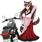  1girl animal_ears breasts brooch brown_hair cleavage collarbone dress fingernails hand_in_hair highres honda imaizumi_kagerou jewelry large_breasts long_fingernails long_sleeves looking_away motor_vehicle motorcycle nail_polish open_mouth red_eyes red_nails simple_background solo tail touhou vehicle white_background wide_sleeves wolf_ears wolf_tail 