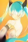  1girl :d animal_ears aqua_hair blush bodysuit cat_ears closed_eyes detached_sleeves fake_animal_ears hairband hands_on_own_chest hatsune_miku long_hair long_sleeves lp_(hamasa00) odds_&amp;_ends_(vocaloid) open_mouth orange_background simple_background smile solo twintails upper_body very_long_hair vocaloid 