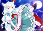  1girl ajiriko aqua_dress bad_id breasts clouds dress ex-keine full_moon horn_ribbon horns kamishirasawa_keine large_breasts long_hair looking_at_viewer moon neckerchief petticoat puffy_short_sleeves puffy_sleeves red_eyes ribbon scroll shirt short_sleeves silver_hair sky solo touhou very_long_hair 