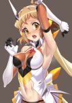  1girl :o armpits blonde_hair blush bodysuit breasts brown_background center_opening collarbone covered_nipples elbow_gloves gloves headgear large_breasts looking_at_viewer navel nose_blush open_mouth senki_zesshou_symphogear short_hair shunzou simple_background solo stomach sweat tachibana_hibiki_(symphogear) upper_body wet white_gloves wing_collar yellow_eyes 