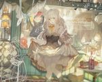  1girl boots bow braid cage corset dummy indoors long_hair looking_at_viewer ori_(momonimo) skirt skirt_lift solo white_hair yellow_eyes 