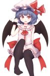  1girl bat_wings black_legwear blue_hair fang hat hat_ribbon highres looking_at_viewer mob_cap open_mouth pantyhose red_eyes remilia_scarlet ribbon shone short_hair simple_background sleeveless smile solo touhou white_background wings wrist_cuffs 
