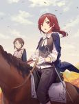  2girls bird clouds gloves highres horse horseback_riding huanxiang_heitu looking_at_viewer love_live!_school_idol_project multiple_girls nishikino_maki open_mouth ponytail redhead riding short_hair sky sword violet_eyes weapon 