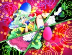  1girl bow danmaku flower green_eyes green_hair hat hat_bow heart heart-shaped_pupils heart_of_string komeiji_koishi kyapinetzu rose solo symbol-shaped_pupils third_eye throne touhou 