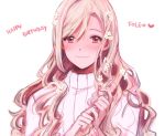  1boy blonde_hair blush fire_emblem fire_emblem_if flower foleo_(fire_emblem_if) hair_between_eyes hair_flower hair_ornament happy_birthday long_hair looking_at_viewer otoko_no_ko red_eyes ribbed_sweater simple_background smile solo sophie_(693432) sweater turtleneck white_background 