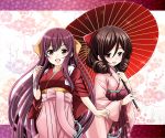  2girls anchor bow brown_hair drill_hair floral_background gradient_hair hair_bow hakama harukaze_(kantai_collection) japanese_clothes kamikaze_(kantai_collection) kantai_collection kimono long_hair long_sleeves looking_at_viewer multicolored_hair multiple_girls open_mouth oriental_umbrella pink_hair pink_kimono pink_skirt purple_hair purple_skirt red_bow red_eyes skirt smile tasuki tk8d32 twin_drills umbrella violet_eyes wide_sleeves 