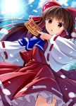  &gt;:o 1girl :o ascot bow brown_hair cowboy_shot detached_sleeves dutch_angle hair_bow hair_tubes hakurei_reimu japanese_clothes long_hair long_sleeves looking_at_viewer miko ofuda red_eyes red_skirt ribbon-trimmed_sleeves ribbon_trim sen_kagura skirt skirt_set solo sunlight touhou tsurime wide_sleeves 