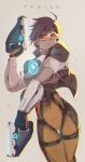  1girl bodysuit brown_hair character_name cowboy_shot goggles grey_background gun highres jacket overwatch reroi short_hair solo tracer_(overwatch) weapon 