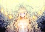  1girl 778-go blonde_hair collarbone copyright_request cupping_hands dress head_tilt long_hair long_pointy_ears looking_at_viewer plant pointy_ears solo sparkle twitter_username very_long_hair violet_eyes wavy_hair white_dress 
