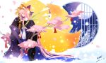  1girl animal_ears bell blue_legwear breasts caster_(fate/extra) cleavage detached_sleeves fate/extra fate/grand_order fate_(series) fox_ears fox_tail full_moon hair_ribbon highres japanese_clothes moon pink_hair puyue ribbon solo tail tamamo_cat_(fate/grand_order) yellow_eyes 