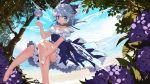  1girl absurdres adapted_costume alternate_costume bare_shoulders barefoot bloomers blue_eyes blue_hair blush chibi choker cirno collarbone dress error flower full_body hair_ribbon highres hydrangea ice ice_wings kofboy nature ocean off_shoulder puffy_sleeves ribbon ribbon_choker short_hair short_sleeves sky smile solo touhou tree tree_shade underwear wings 