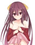  1girl bow breasts cleavage collarbone frown gradient_hair hair_bow hakama highres japanese_clothes kamikaze_(kantai_collection) long_hair meiji_schoolgirl_uniform moai21 multicolored_hair off_shoulder purple_hair simple_background sitting solo tears violet_eyes white_background yellow_bow 