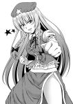  1girl braid fighting_stance hat hong_meiling long_hair looking_at_viewer midriff monochrome navel smile solo star tatsuya_(guild_plus) touhou twin_braids 