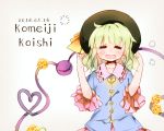  1girl =_= character_name closed_eyes eyeball flower frills green_hair hat heart heart_of_string komeiji_koishi komeiji_satori_(cosplay) plug_(feng-yushu) rose short_hair simple_background solo third_eye touhou upper_body white_background yellow_rose 