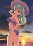  1girl bikini green_eyes green_hair hat kantai_collection long_hair nekotsuki_no_sho_no_shiwon purple_bikini sunset suzuya_(kantai_collection) swimsuit 