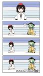  ! 2girls 4koma :o black_hair black_ribbon bow collared_shirt comic eyeball eyebrows eyebrows_visible_through_hair green_eyes green_hair hat hat_bow hat_ribbon highres komeiji_koishi long_sleeves multiple_girls pointy_ears puffy_short_sleeves puffy_sleeves red_eyes ribbon shameimaru_aya shiozaki16 shirt short_hair short_sleeves skirt sleeping string surprised sweatdrop third_eye tokin_hat touhou wide_sleeves 