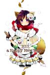  1girl 2013 animal_ears blue_eyes blush flower gloves hair_flower hair_ornament happy_new_year inami_eno looking_at_viewer new_year original scarf short_hair simple_background skirt smile solo tail white_background 