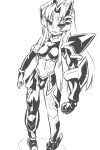  1girl armor bangs detached_sleeves facial_mark full_body gem horn_ring horns long_hair markings midriff monochrome navel original pointy_ears small_breasts smile to-gnaniwa white_background 