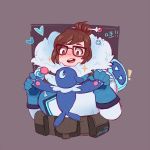  ! 1girl blush brown_eyes brown_hair cottonwings crossover glasses gloves hair_ornament hairpin heart mei_(overwatch) overwatch parka pokemon pokemon_(game) pokemon_sm popplio seal sparkle 