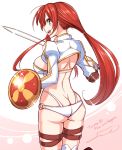  1girl ass boudica_(fate/grand_order) breasts elbow_pads fate/grand_order fate_(series) fue_(rhomphair) green_eyes holding holding_shield holding_sword holding_weapon large_breasts long_hair long_sleeves looking_at_viewer looking_back open_mouth puffy_long_sleeves puffy_sleeves redhead shield smile solo sparkle sword thigh_strap twitter_username weapon 