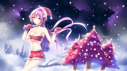  1girl armpits breasts bunny_hair_ornament christmas christmas_tree cleavage gloves hair_ornament hat highres holding long_hair midriff miniskirt navel night original outdoors purple_hair red_gloves red_hat red_skirt santa_costume santa_gloves santa_hat skirt snow solo strapless violet_eyes wsman 