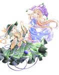 2girls :d american_flag_dress blonde_hair clownpiece collar dress eyeball floral_print frilled_collar frills green_eyes green_hair hat hat_ribbon heart heart_of_string holding_hands interlocked_fingers jester_cap komeiji_koishi long_hair looking_at_viewer multiple_girls open_mouth outstretched_arm pink_eyes polka_dot ribbon silver_hair simple_background skirt smile third_eye touhou very_long_hair white_background yilocity 