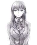  1girl bangs breasts fate/stay_night fate_(series) hair_between_eyes hometa long_hair looking_at_viewer matou_sakura monochrome ribbon school_uniform simple_background sketch solo white_background 