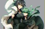  2girls arm_hug aura breasts dress fubuki_(one-punch_man) fur_coat green_dress green_eyes grey_background jewelry long_sleeves looking_at_viewer multiple_girls necklace no-kan one-punch_man pearl_necklace short_hair siblings sisters tatsumaki upper_body 