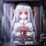  1girl albino bangs blush book chair el elysion frills holding holding_book indoors light_particles light_rays long_hair long_sleeves looking_at_viewer misaki_(kyal_001) pale_skin red_eyes sitting smile solo sound_horizon victorian white_hair 