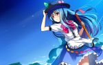 1girl adjusting_clothes adjusting_hat arm_up black_hat blue_dress blue_hair blue_skirt blush bow bowtie buttons cowboy_shot dress dress_shirt food frilled_skirt frills fruit hat hinanawi_tenshi leaf long_hair looking_at_viewer peach puffy_short_sleeves puffy_sleeves rainbow_gradient rainbow_order red_bow red_bowtie red_eyes sen_kagura shirt short_sleeves skirt sky smile solo sunlight sword_of_hisou touhou very_long_hair white_shirt wing_collar 