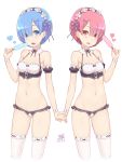  2girls adam700403 bikini black_bikini blue_eyes blue_hair hair_ornament highres holding_hands looking_at_viewer multiple_girls open_mouth pink_eyes pink_hair ram_(re:zero) re:zero_kara_hajimeru_isekai_seikatsu rem_(re:zero) saliva saliva_trail short_hair swimsuit thigh-highs tongue tongue_out white_bikini white_legwear wrist_cuffs 