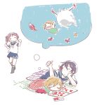  1koma 3girls akebono_(kantai_collection) animal bandaid bandaid_on_face black_legwear blanket blue_skirt blush_stickers book closed_eyes comic crab crustacean double_thumbs_up dreaming drooling flower hair_bobbles hair_flower hair_ornament hand_on_own_cheek head_rest kantai_collection kneehighs light_brown_hair long_hair long_sleeves looking_back lying multiple_girls oboro_(kantai_collection) on_side on_stomach open_book open_mouth pajamas pet pink_hair pleated_skirt purple_hair sazanami_(kantai_collection) school_uniform serafuku short_hair short_sleeves skirt sleeping smile snow_crab sou_tamae starfish swimsuit thumbs_up twintails underwater 