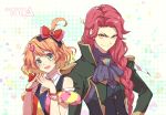  2girls blush copyright_name freyja_wion hair_ornament hair_ribbon heart_hair_ornament liusang looking_at_viewer macross macross_delta mirage_farina_jenius multiple_girls orange_hair ribbon skirt 