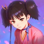  1girl bangs blunt_bangs brown_eyes brown_hair cherry_blossoms choker closed_mouth hair_ribbon ilya_kuvshinov japanese_clothes kimono koutetsujou_no_kabaneri lips mumei_(kabaneri) orange_ribbon petals ribbon ribbon_choker short_twintails smile solo twintails upper_body 