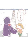  1koma 2girls akebono_(kantai_collection) child comic fang flower hair_flower hair_ornament kantai_collection light_brown_hair long_hair long_sleeves messy_hair mittens multiple_girls o_o oboro_(kantai_collection) ocean open_mouth pajamas pointing purple_hair short_hair side_ponytail single_glove snow solid_circle_eyes sou_tamae water younger 