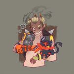  1boy blonde_hair burn cat cottonwings crossover eyebrows fingerless_gloves gloves junkrat_(overwatch) litten_(pokemon) mechanical_arm one_eye_closed overwatch pokemon pokemon_(game) pokemon_sm shirtless skull smoke thick_eyebrows tire weapon 