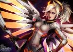  1girl 2015 artist_name blue_eyes breasts dated glowing glowing_wings hand_on_hip high_ponytail holding lips lipstick long_hair looking_at_viewer makeup mechanical_halo mechanical_wings mercy_(overwatch) open_mouth overwatch parted_lips paula_biedma red_lipstick silver_hair solo upper_body watermark web_address wings 