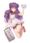  1girl arm_up artist_name bangs bare_legs bell_hair_ornament blunt_bangs box china_dress chinese_clothes closed_mouth double_bun dress eyebrows eyebrows_visible_through_hair full_body holding holding_bowl long_hair looking_at_viewer low_twintails meto31 purple_hair ranma_1/2 red_dress red_eyes red_shoes shampoo_(ranma_1/2) shoes short_dress simple_background smile solo twintails very_long_hair white_apron white_background 