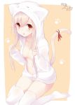 1girl animal_hood blonde_hair breasts cat_tail cleavage hood navel no_bra no_underwear note_(aoiro_clip) open_clothes parted_lips red_eyes ribbon sidelocks sitting solo tail tail_ribbon tears thigh-highs wariza white_legwear white_thighhighs