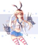  1girl animal_ears black_panties blue_skirt brown_eyes collarbone elbow_gloves gloves highleg highleg_panties highres kantai_collection light_brown_hair long_hair midriff miniskirt navel panties pleated_skirt rabbit_ears shimakaze_(kantai_collection) skirt solo striped striped_legwear thigh-highs underwear white_gloves wsman 