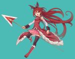  1girl black_legwear blue_background boots bow hair_bow long_hair magical_girl mahou_shoujo_madoka_magica open_mouth polearm ponytail red_eyes redhead sakura_kyouko simple_background solo spear srx61800 thigh-highs weapon 