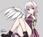  1girl 2016 dated grey_background highres kishin_sagume red_eyes shamuichi short_hair simple_background single_wing sitting sketch solo touhou twitter_username white_hair wings 
