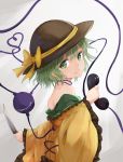  1girl bare_shoulders green_eyes green_hair hat hat_ribbon heart heart_of_string highres holding_phone homo_1121 knife komeiji_koishi long_sleeves looking_at_viewer looking_to_the_side off_shoulder phone ribbon short_hair smile solo third_eye touhou upper_body wide_sleeves 