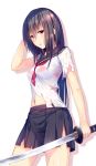  1girl black_hair black_skirt blush breasts cowboy_shot katana long_hair looking_at_viewer navel neckerchief original pleated_skirt red_eyes school_uniform sen_kagura serafuku short_sleeves sidelocks skirt solo sword torn_clothes torn_skirt weapon wet wet_clothes wet_hair white_background 